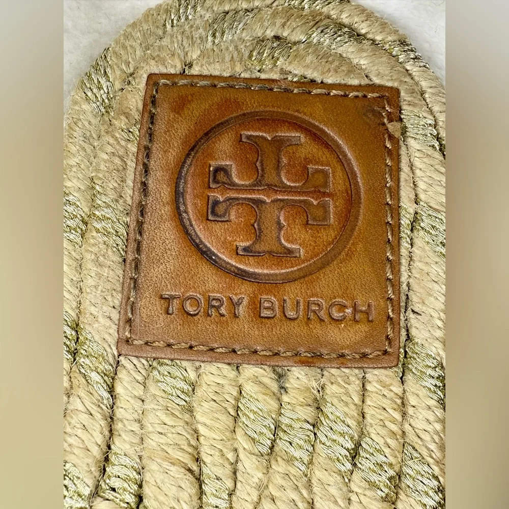 Tory Burch‎ Women's Two-Band Flat Metallic Goat Madras Espadrille Slide Gold 9